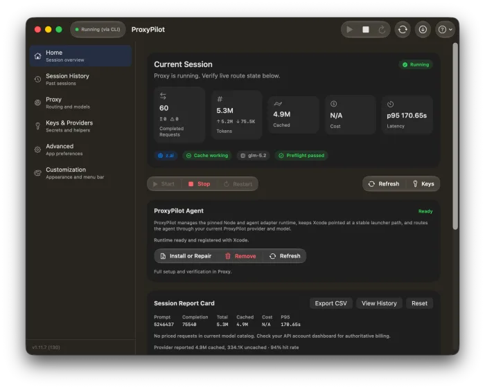 ProxyPilot Home dashboard showing the real running-state app UI with dark appearance, session metrics, ProxyPilot Agent status, and session report controls.