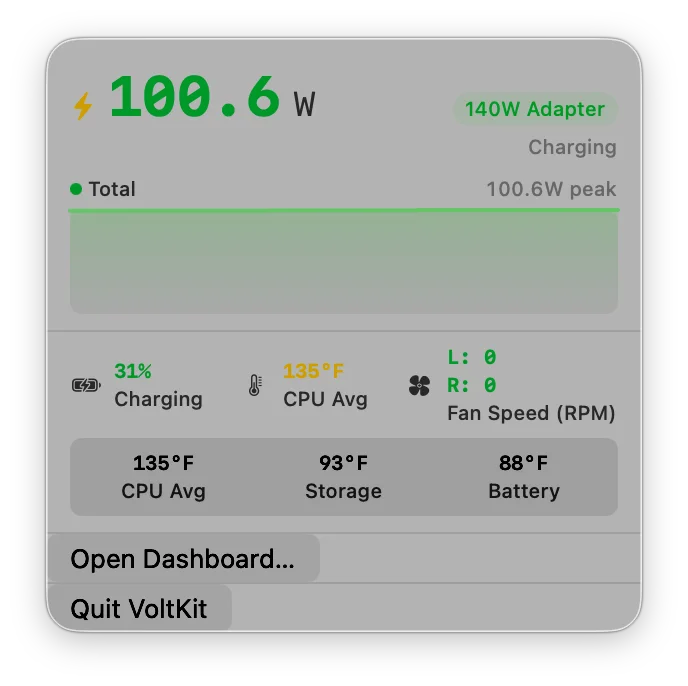 VoltKit menu bar popover showing battery charge input